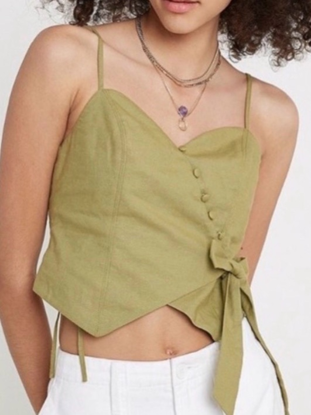 Urban Outfitters Chartreuse Olive Linen Blend Wrap Cami Crop Top Y2K Small Boho